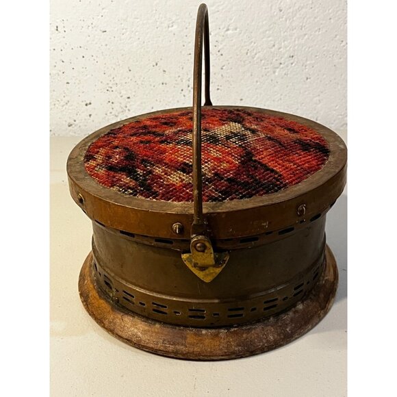Antique late 1800's French BRASS Tapestry Covered Carriage church foot warmer